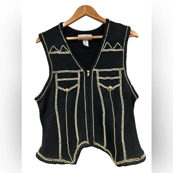 Vintage Lisa Ashley Beaded Vest black & gold Large Cottagecore Grandmacore Women - Picture 3 of 8